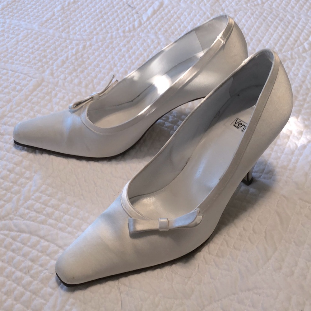White Satin Versani Heels Size 8